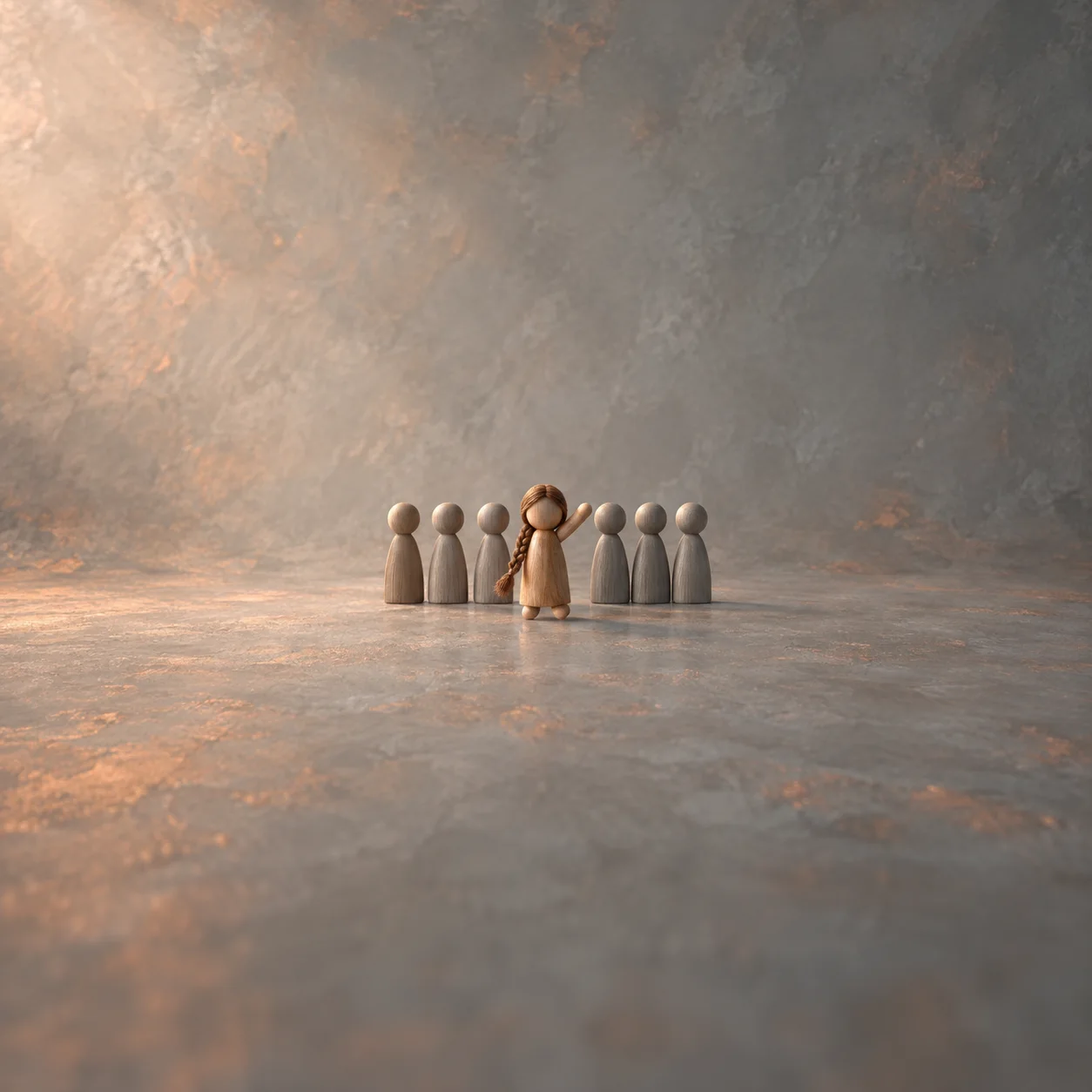 A small wooden figure with a braid stands in front of a row of plain grey wooden figures.