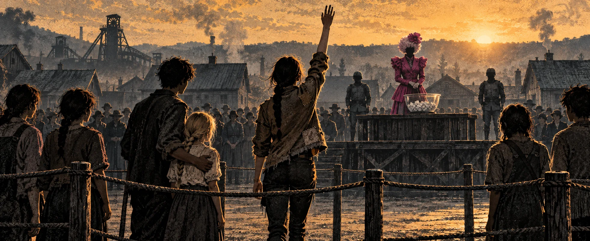 In a dusty mining-town square, a girl with a braid raises her hand as she steps out of the crowd, a small blonde girl held back behind her and a woman in pink on the stage.