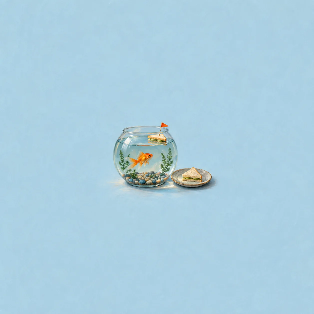 A goldfish swims in a bowl beneath a tiny flagged sandwich, with another sandwich on a plate beside the bowl.