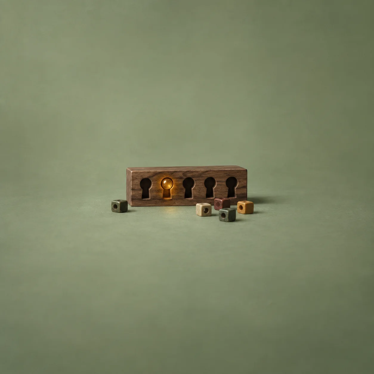 A wooden block with five keyhole-shaped openings, one holding an amber bead, and small square beads scattered in front.
