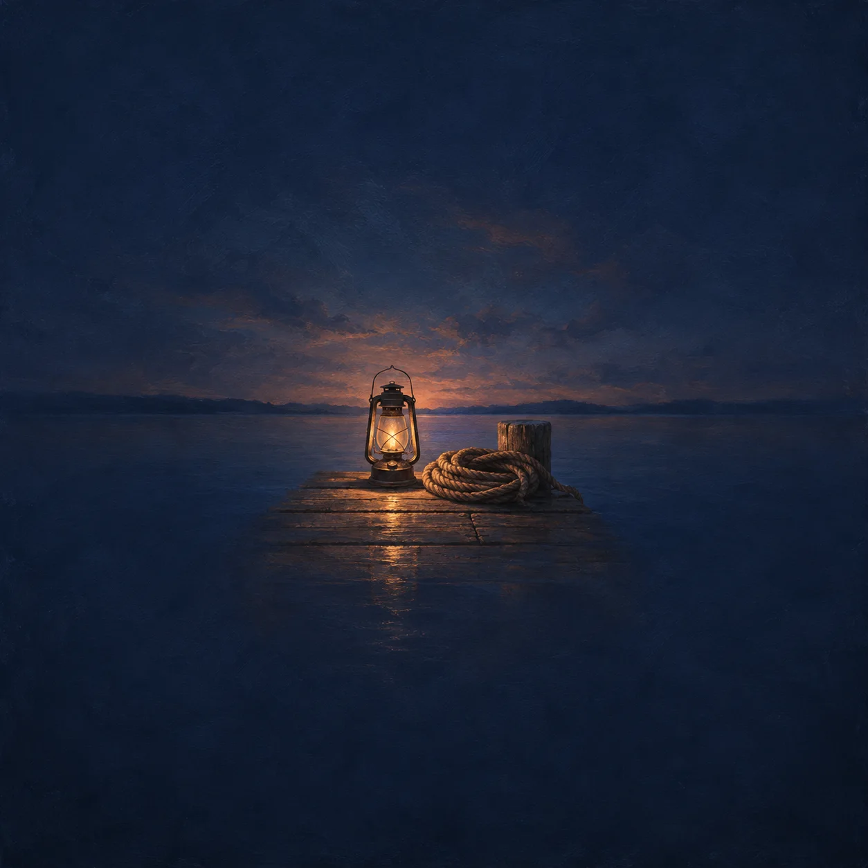 A glowing lantern stands beside coiled rope on weathered wood near dark blue water.
