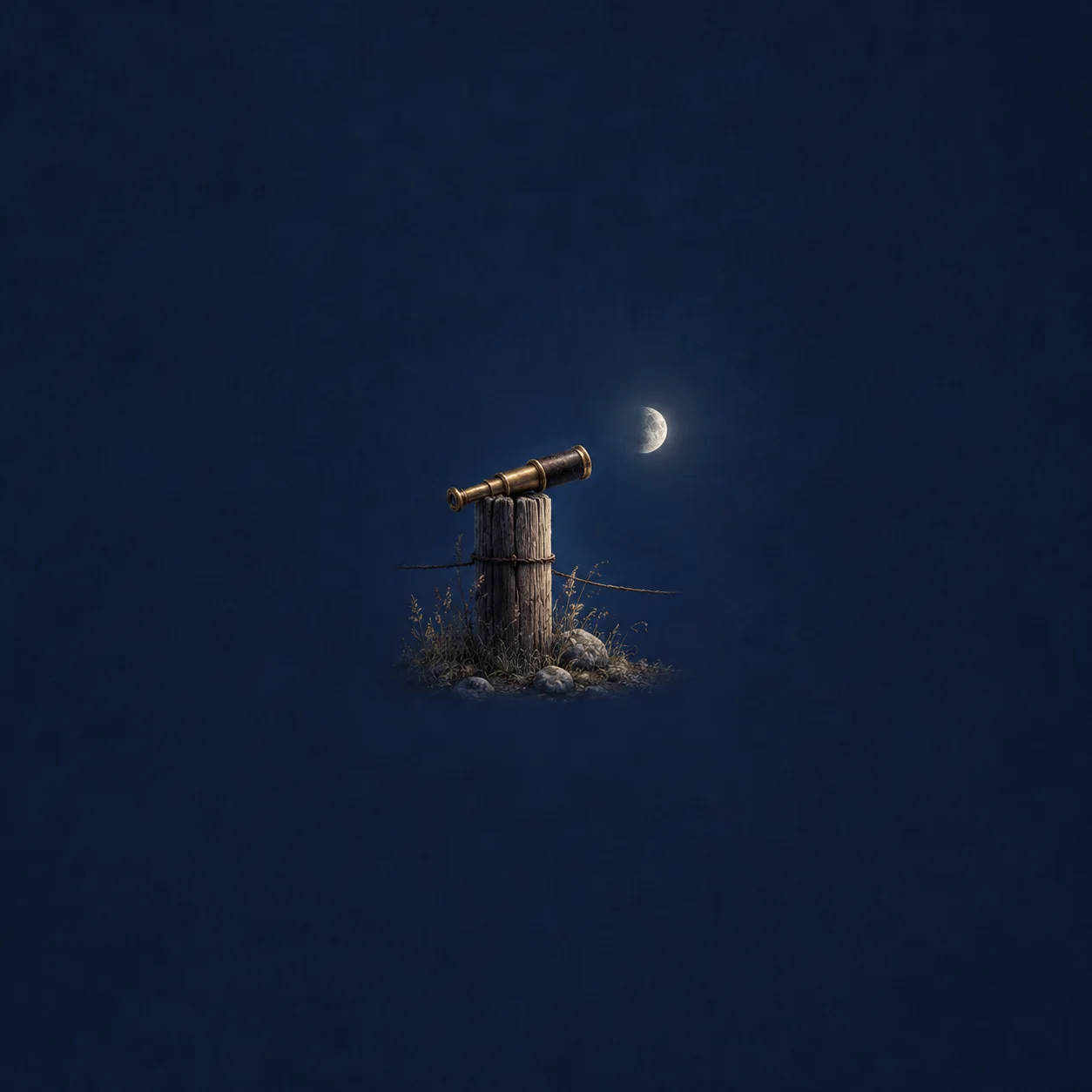 A brass telescope rests on a weathered wooden post beneath a small glowing moon against a deep-blue background.