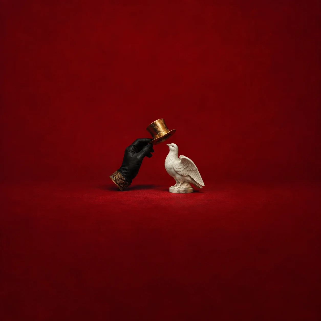 A black glove tipping a tiny gold hat toward a white bird figurine against a crimson background.