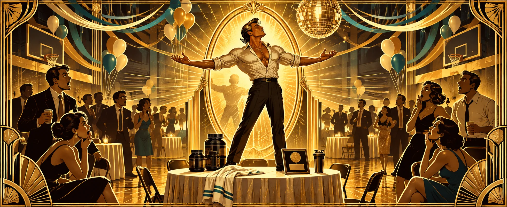 A vain man in an open dress shirt stands on a table at a balloon-filled school reunion, arms flung wide in golden light as classmates stare.