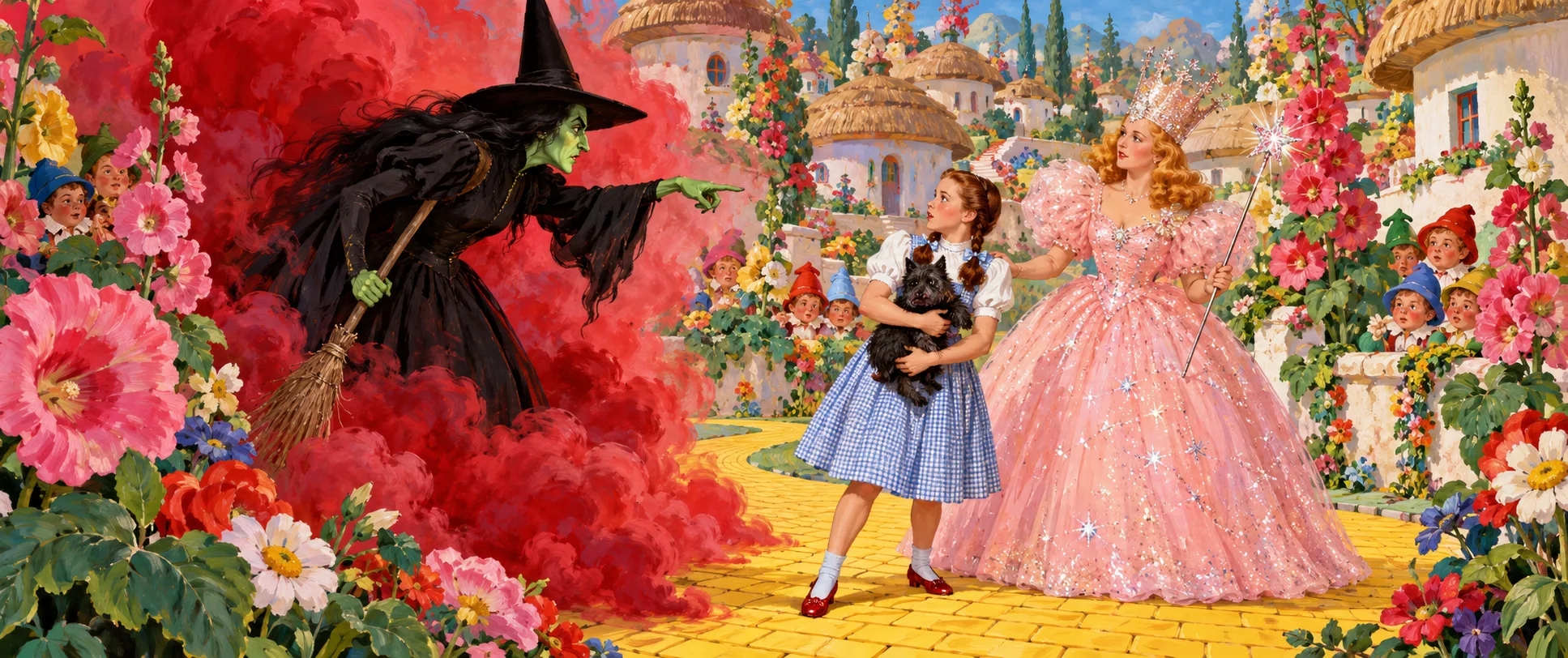A green-skinned witch in black points at a girl clutching her dog in Munchkinland, a good witch in a pink gown beside her and Munchkins peeping from the flowers.