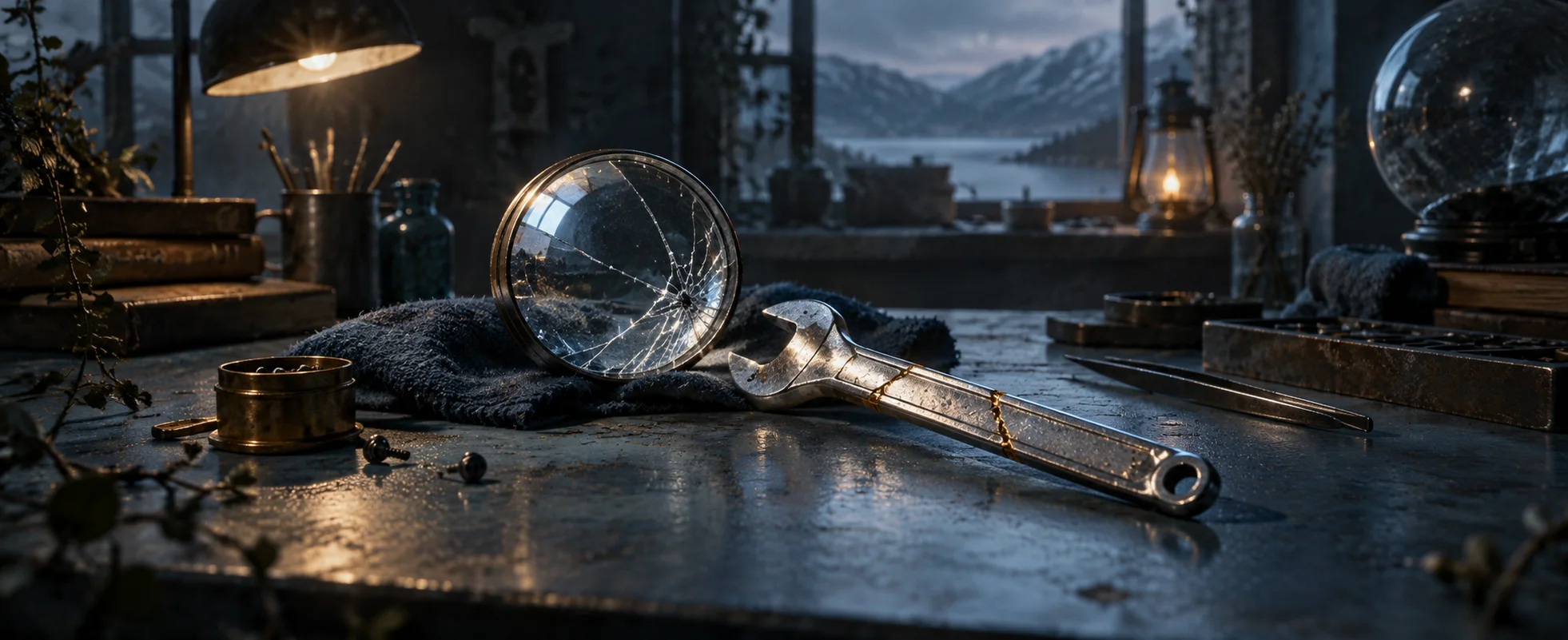A silver magnifying glass lies on a cold blue maintenance bench.
