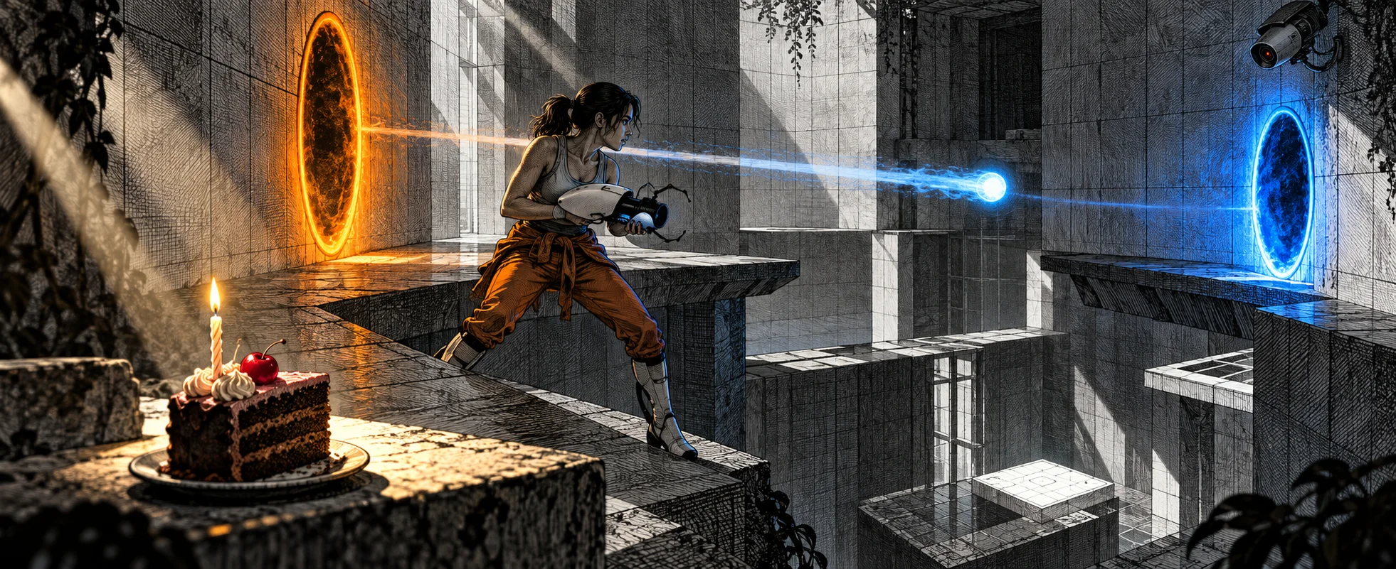 A woman in an orange jumpsuit with a portal device stands in a grey-and-white test chamber between orange and blue portals, a slice of chocolate cake with a single candle on a ledge in the foreground.