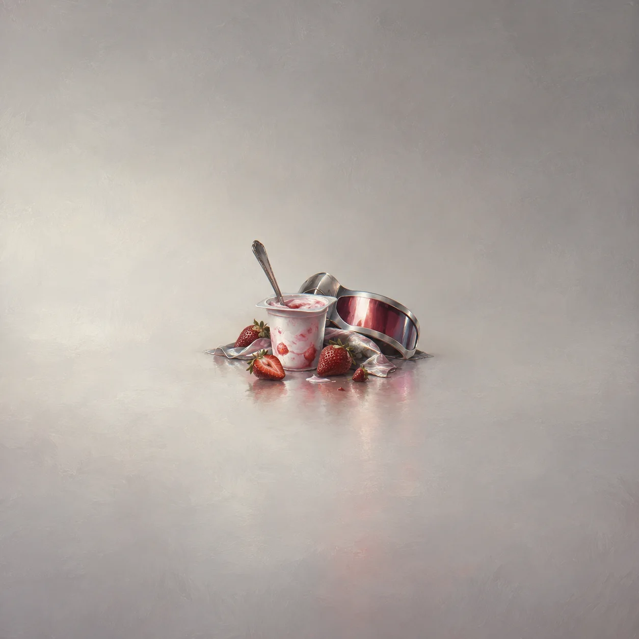 Painterly yoghurt cup, spoon and strawberries beside a curved reflective metal piece.