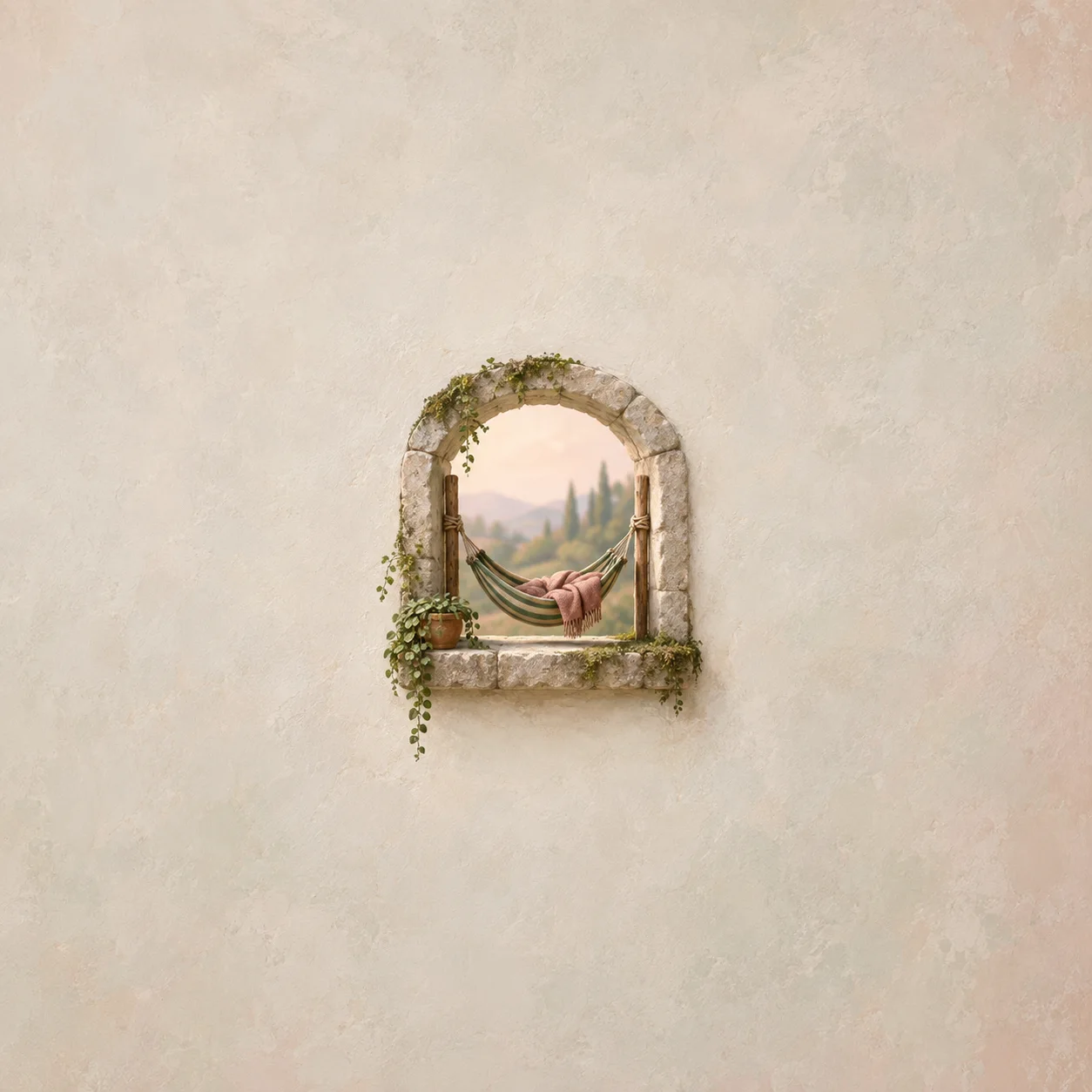 A striped hammock with a pink blanket inside a small ivy-covered stone arch, overlooking a distant landscape.