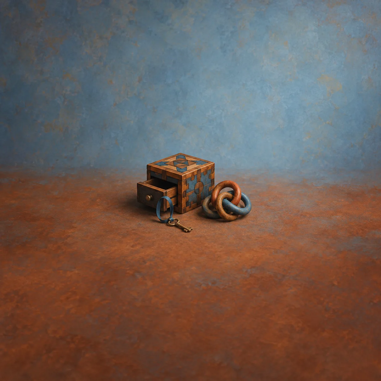 A wooden puzzle box with a half-open drawer, a brass key and colourful wooden rings on a rust and blue background.