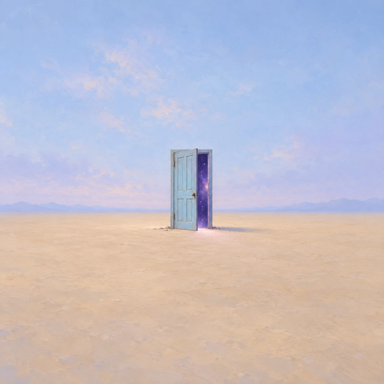 A small freestanding pale-blue door slightly open to a strip of starry violet on a sandy plain.