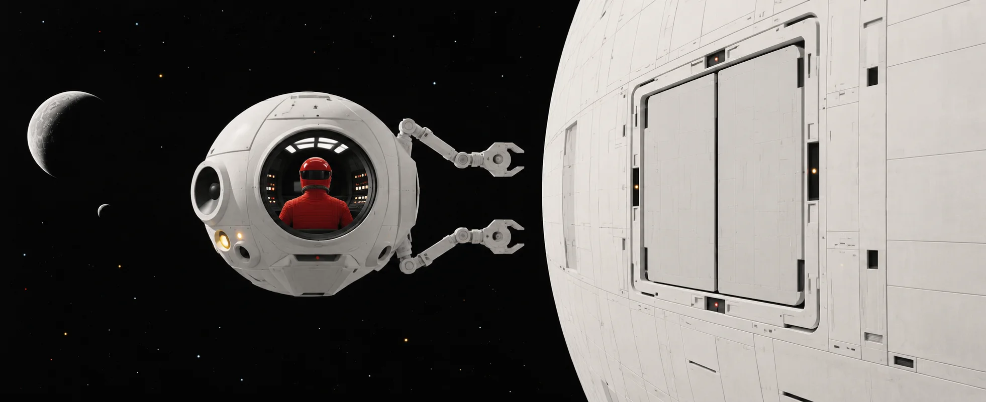 A white spherical space pod with mechanical arms hovers before the closed pod bay doors of a huge white spaceship, an astronaut in red inside.