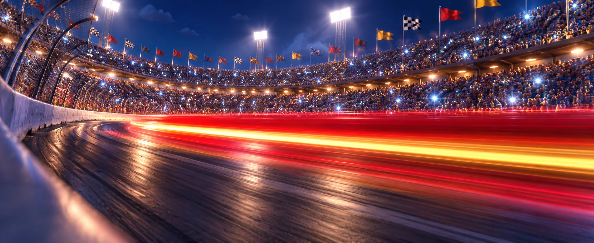Clay-render scene: a streak of red and yellow light flashes round a banked stock-car track under a grandstand full of camera flashes.