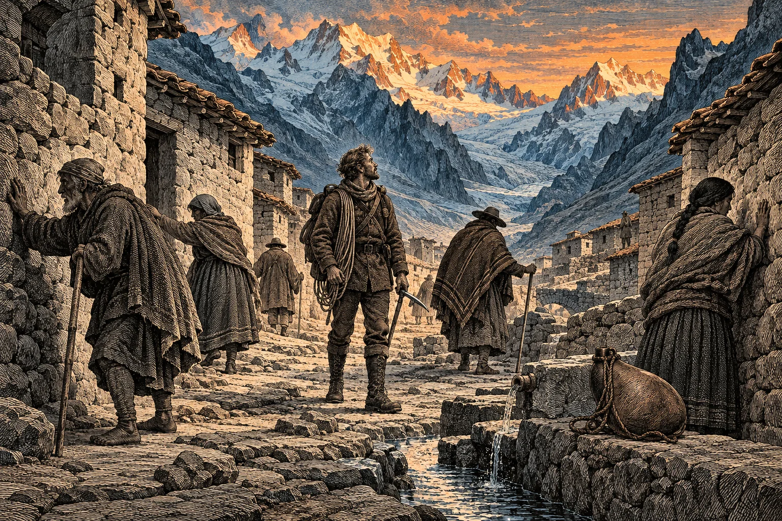 A climber with rope and ice axe stands among blind villagers feeling their way along stone walls in a high Andean valley.