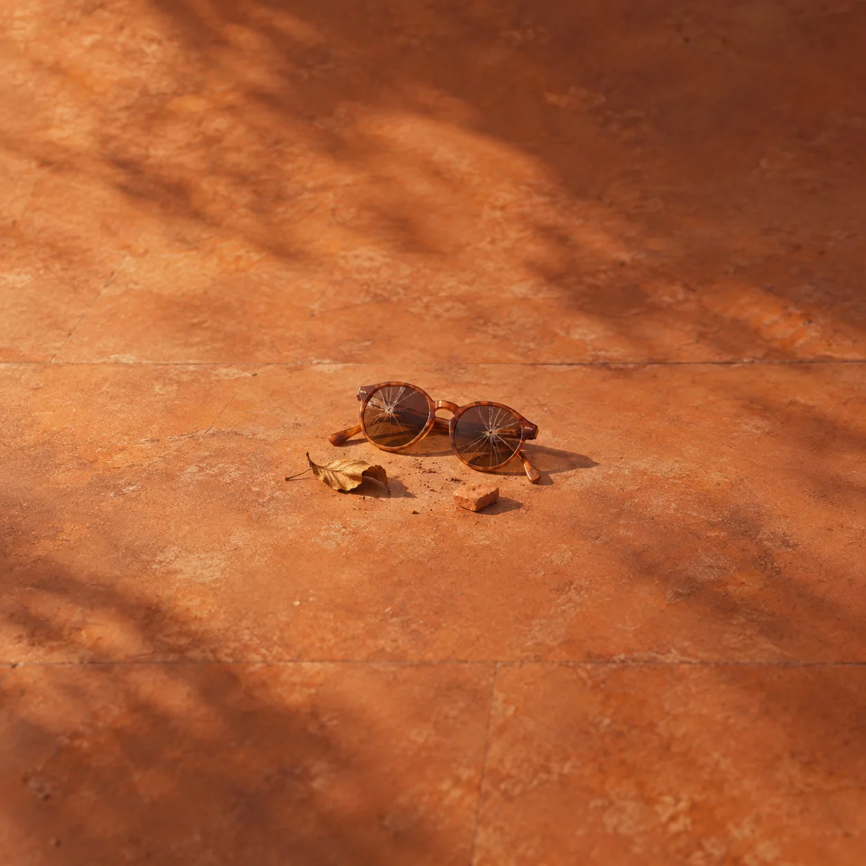 Painterly round sunglasses beside fallen leaves on warm terracotta tiles.