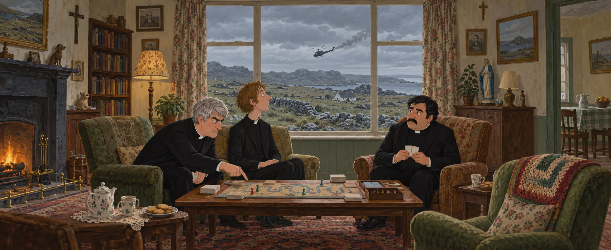 Ted, Dougal and a moustached Cuban priest play a board game in the parochial sitting room as, through the big window, a small helicopter trails smoke low over the grey fields.