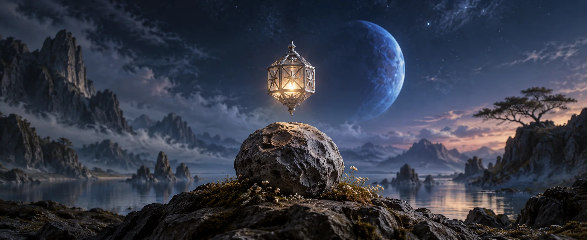 A small golden geometric lantern floats above a cratered grey stone beneath a large blue moon.