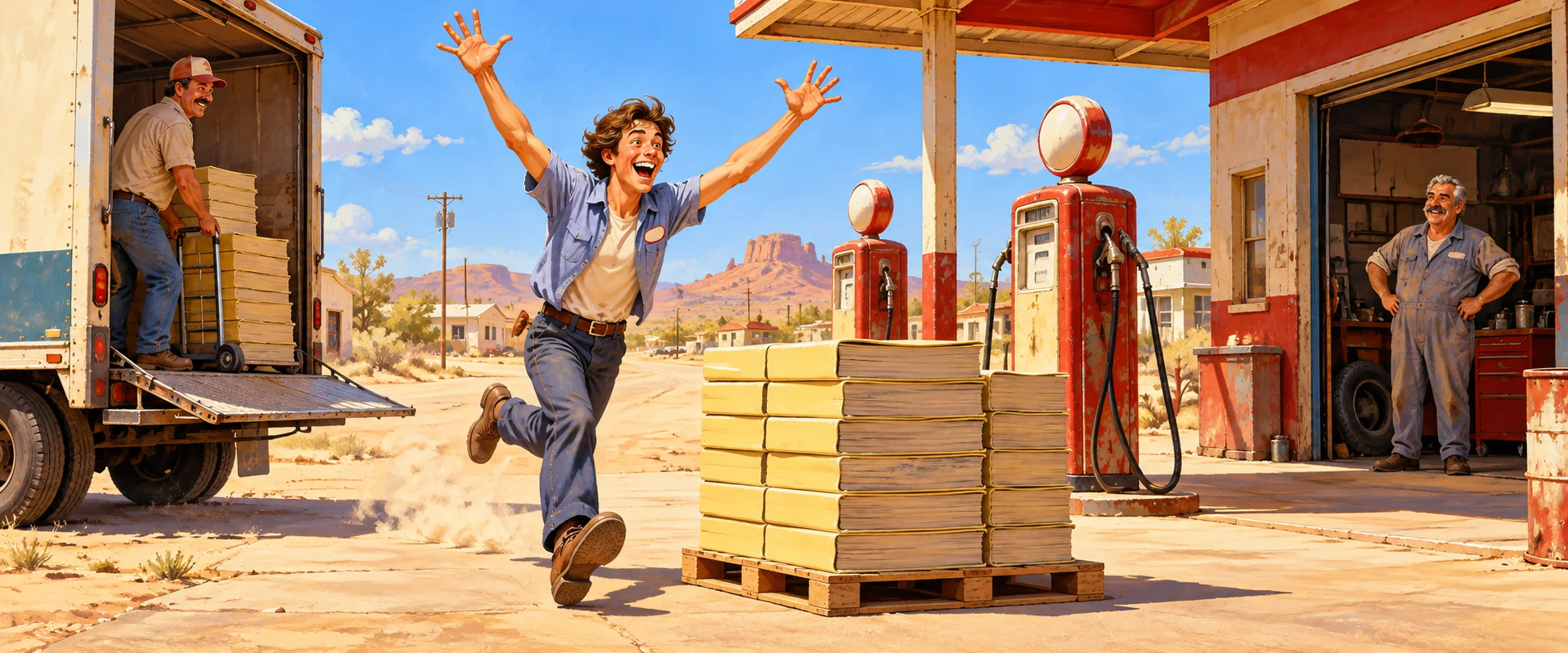 A lanky young man in a gas-station shirt sprints joyfully toward a stack of new phone books on a sunny forecourt.