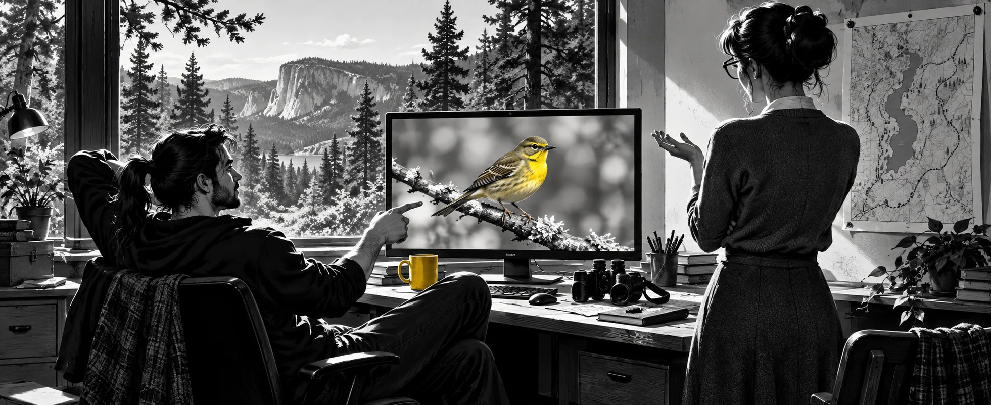 A programmer leans back pointing at a monitor showing a small yellow bird on a branch while a colleague explains, in black and white.