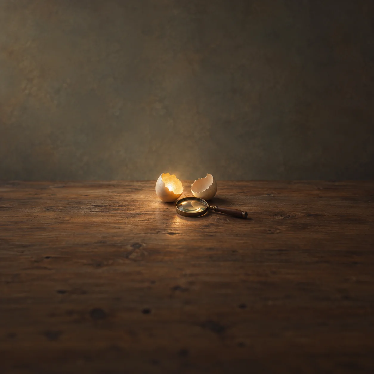 A magnifying glass lies beside two broken eggshell halves, one glowing warmly, on a wooden surface.