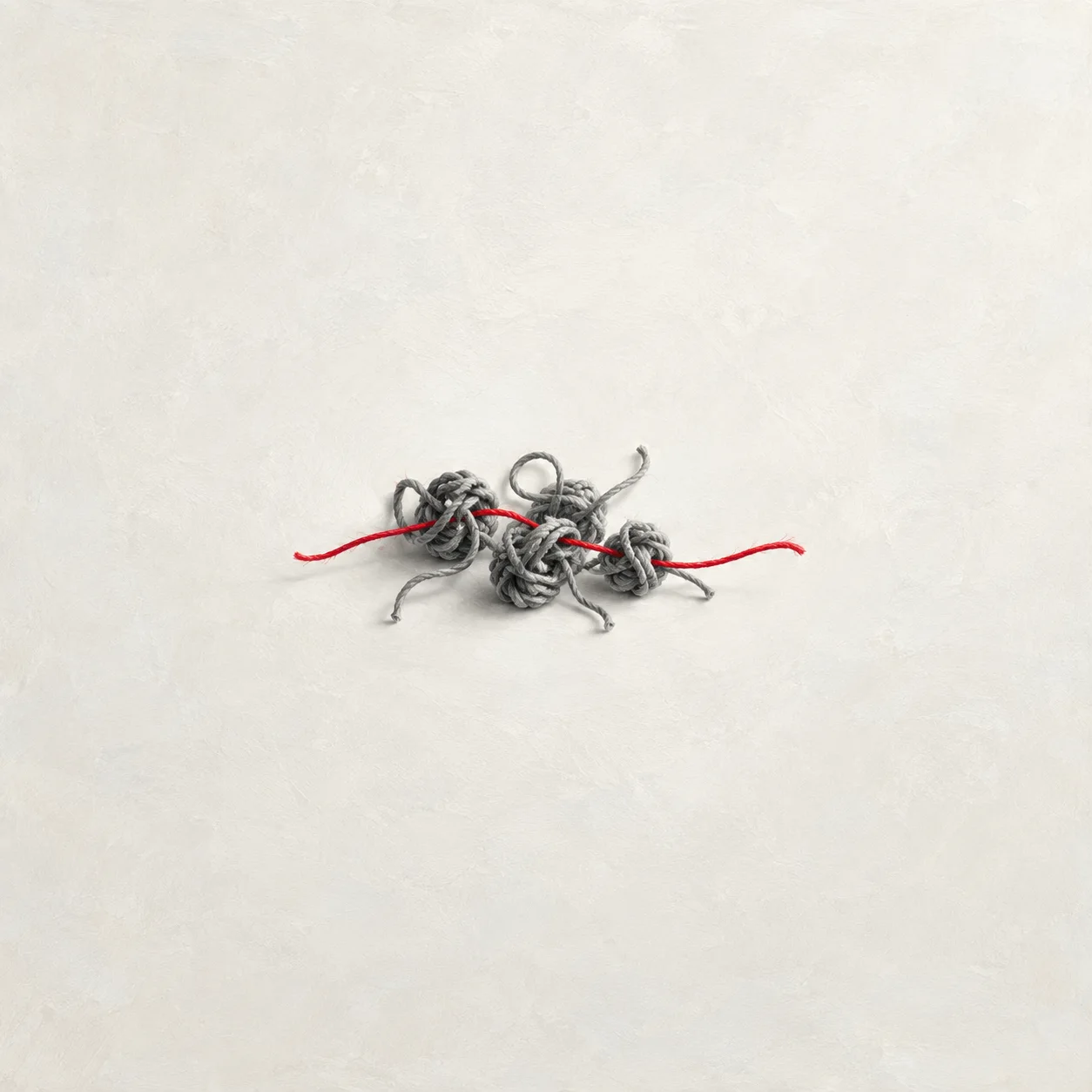 A taut bright red thread running through a small cluster of loose grey knots on a pale background.