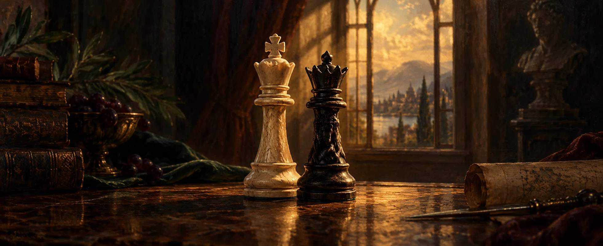 Two carved chess pieces stand close together beneath the shadow of a tall amber window.