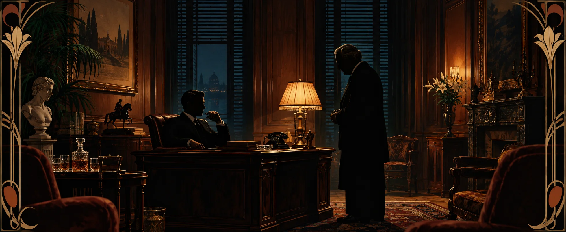 In a dark wood-panelled study, a man in a dark suit sits at a lamplit desk while an older visitor stands before him.
