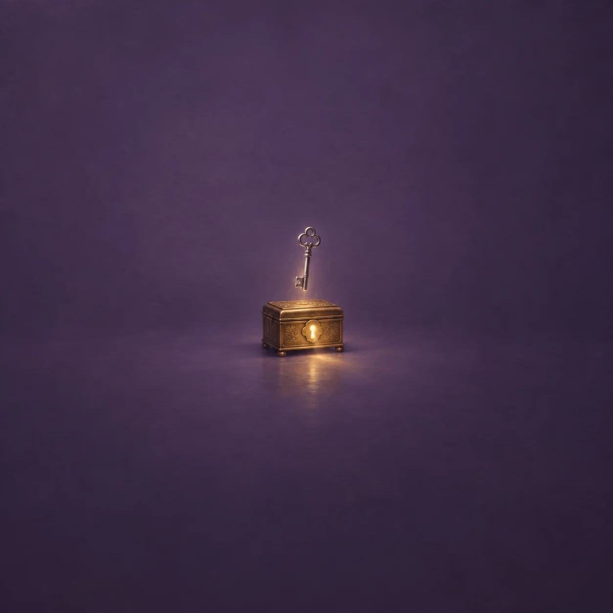 A brass box glowing through its keyhole with a small brass-toned key floating above on a violet background.