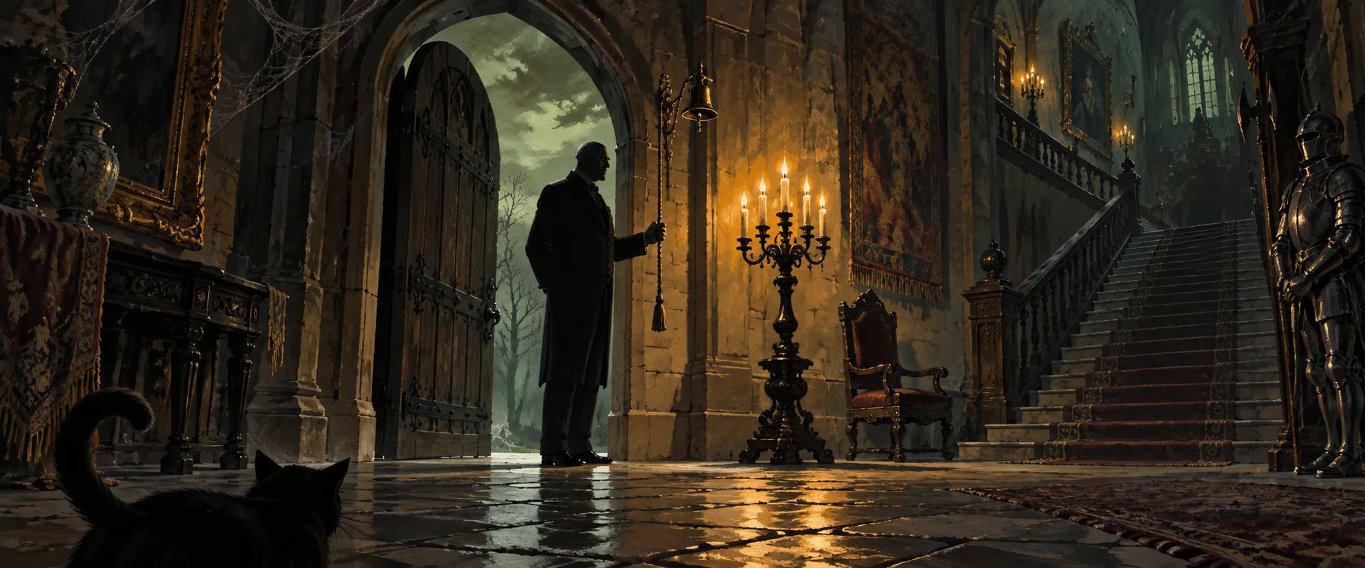 A towering butler in a high-collared black suit stands framed in the arched doorway of a gothic mansion hall, a candelabra and a black cat nearby.