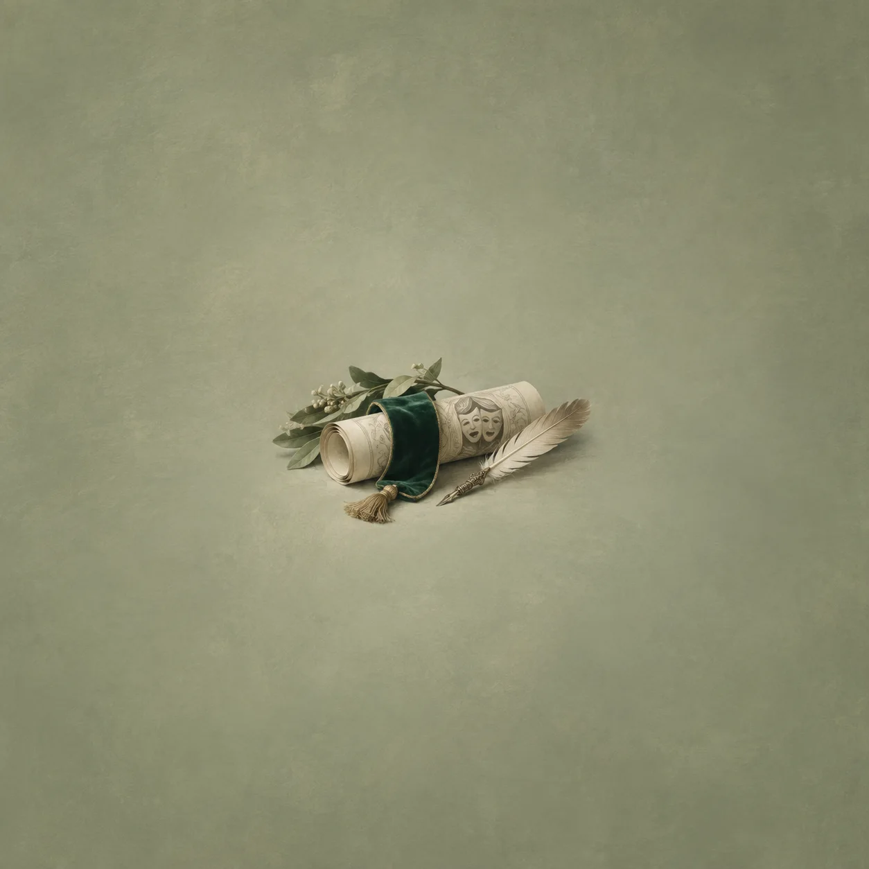 Painterly rolled theatre paper tied with green ribbon beside a quill on muted green.