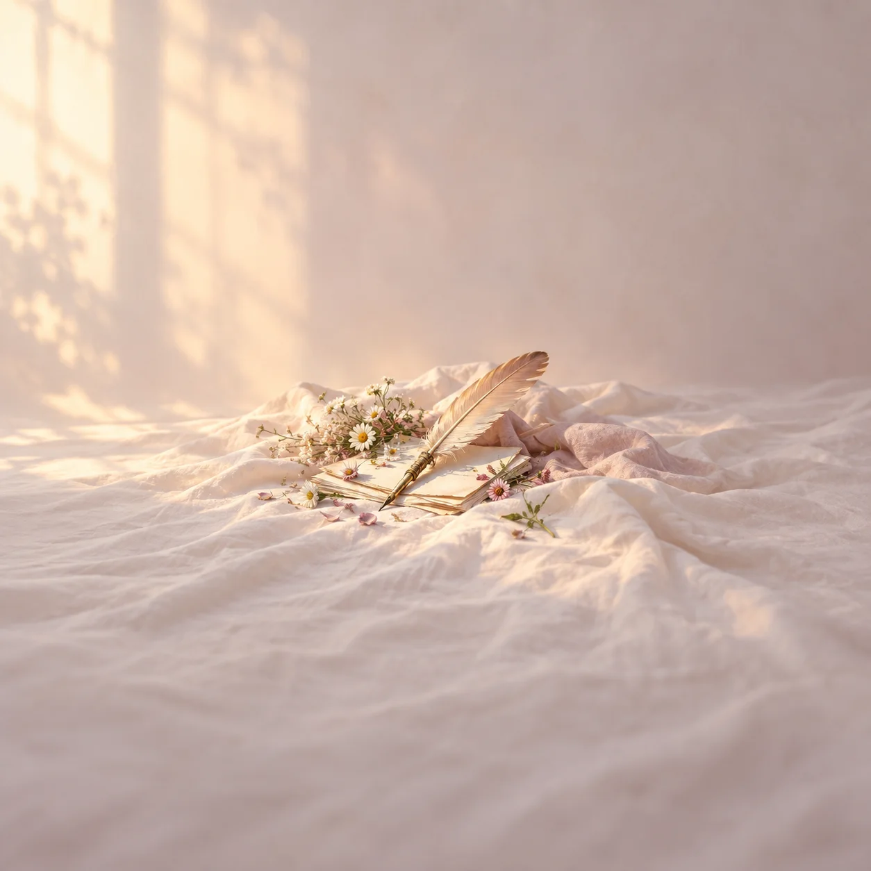A golden quill and small wildflowers lie on rumpled white linen in warm window light.