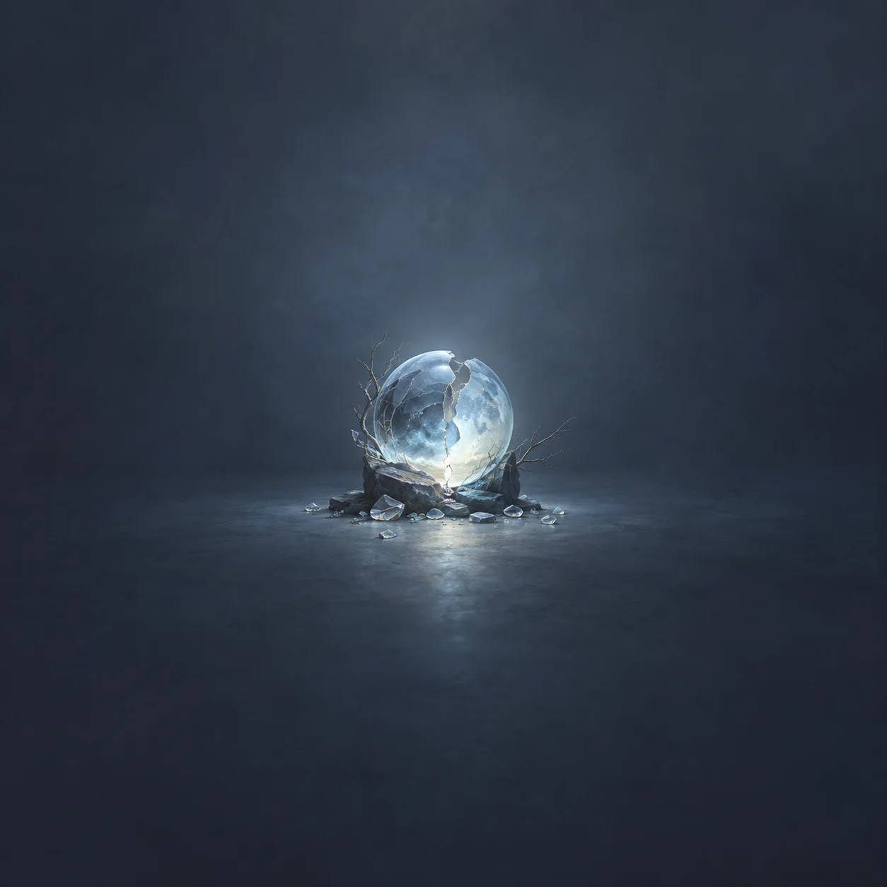 A cracked glass sphere glows blue-white above scattered fragments on a dark surface.