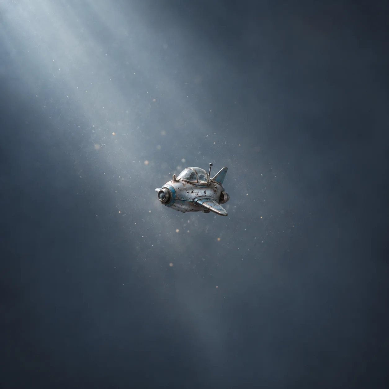 A small worn silver toy spacecraft with a glass canopy and fins hovers amid dust against blue-grey.