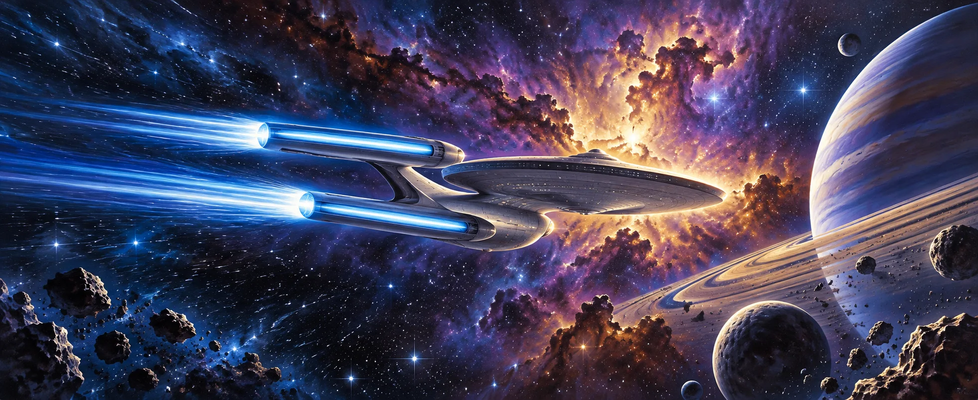 A sleek grey starship with a broad saucer and glowing blue engine pods speeds past a nebula and a ringed planet.