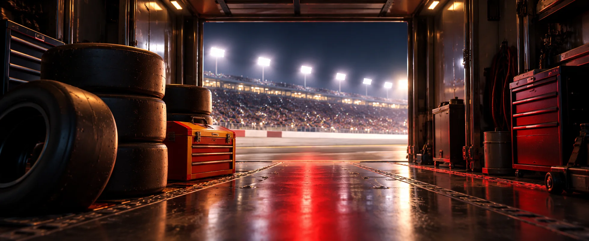 Clay-render scene: the open rear door of a race-team hauler glows with stadium floodlights beside stacked racing tyres and a toolbox.