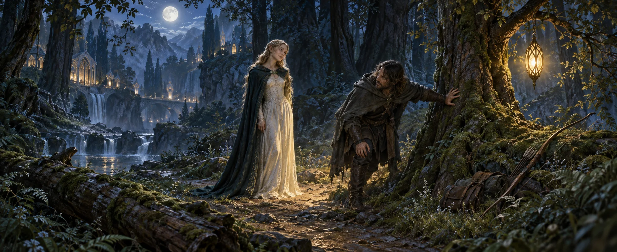 An elf woman in a pale gown stands in a moonlit forest as a ranger leans against an old tree.