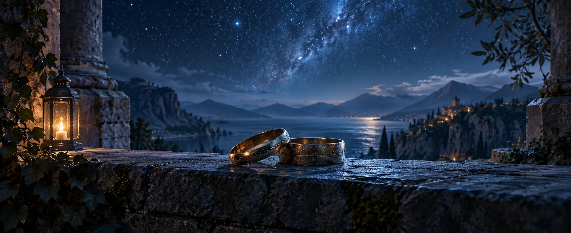 Two worn metal rings rest side by side on a blue-lit ledge beneath a distant star field.