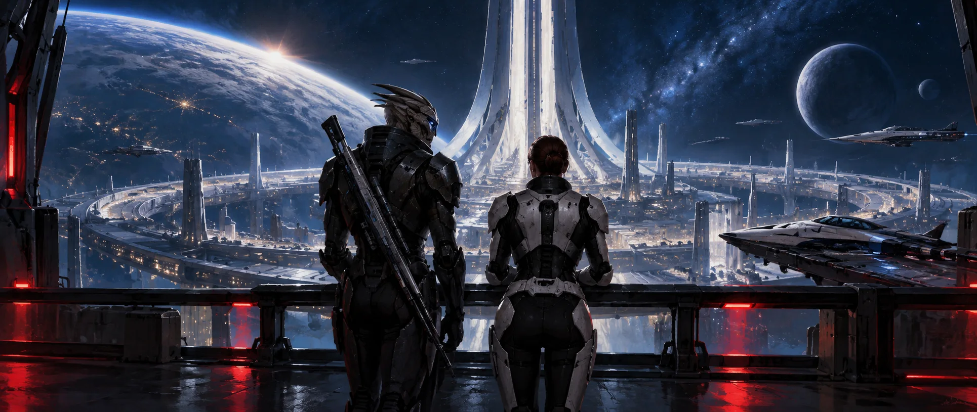 An armoured alien sniper and a human officer in dark armour, seen from behind, stand together at a viewing rail on a vast ring-shaped space station, a planet and starships beyond.
