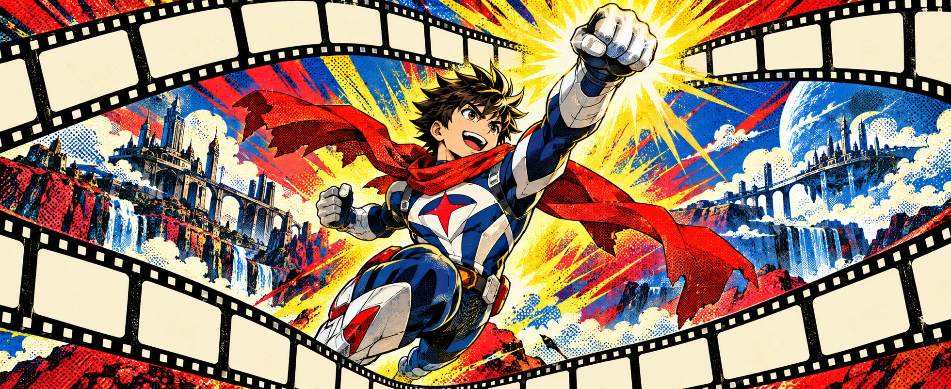 A grinning hero in a red scarf strikes a pose framed by film-reel panels and comic bursts.