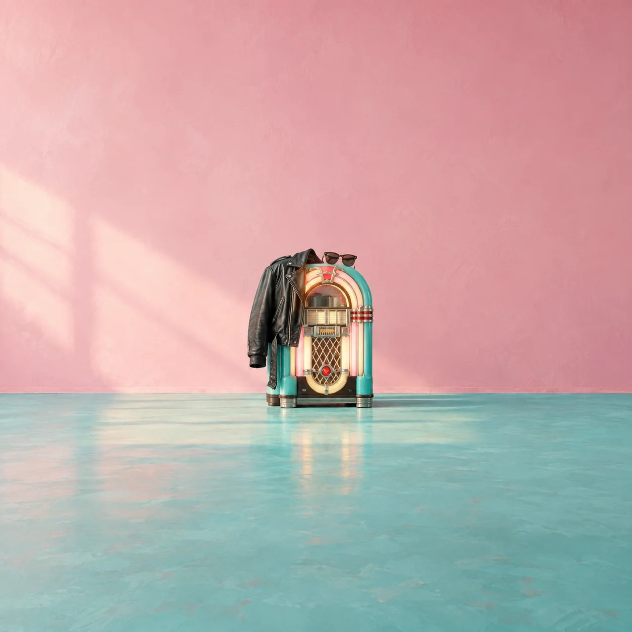 Painterly black leather jacket and sunglasses draped over a small turquoise jukebox against pink.