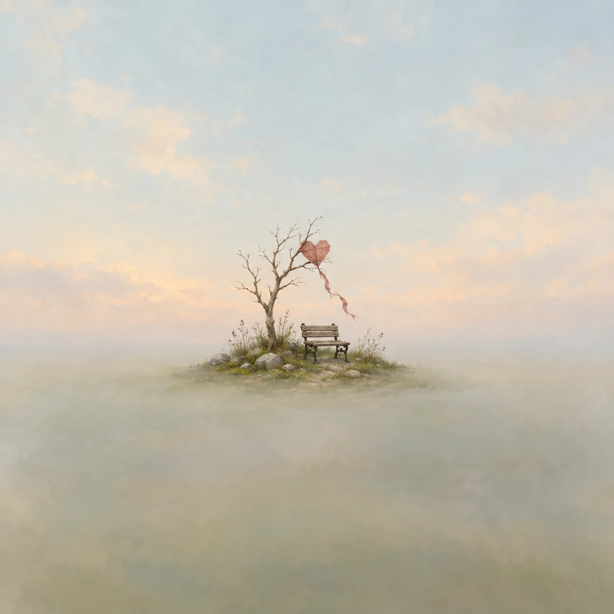 A pink heart-shaped kite is caught in a bare tree above a small empty bench on a grassy patch.