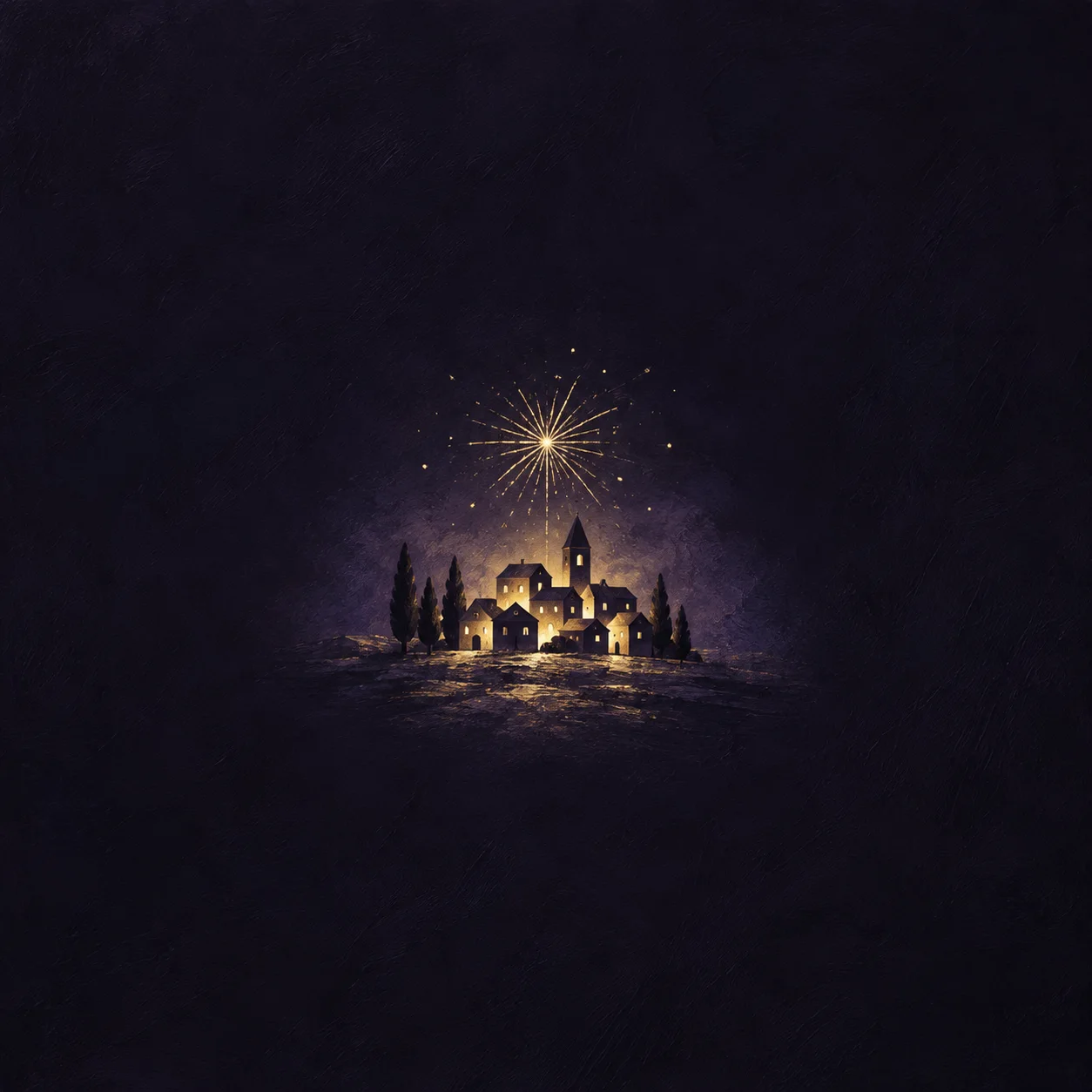 A miniature cluster of dark buildings with glowing windows beneath a golden starburst against a deep purple night sky.