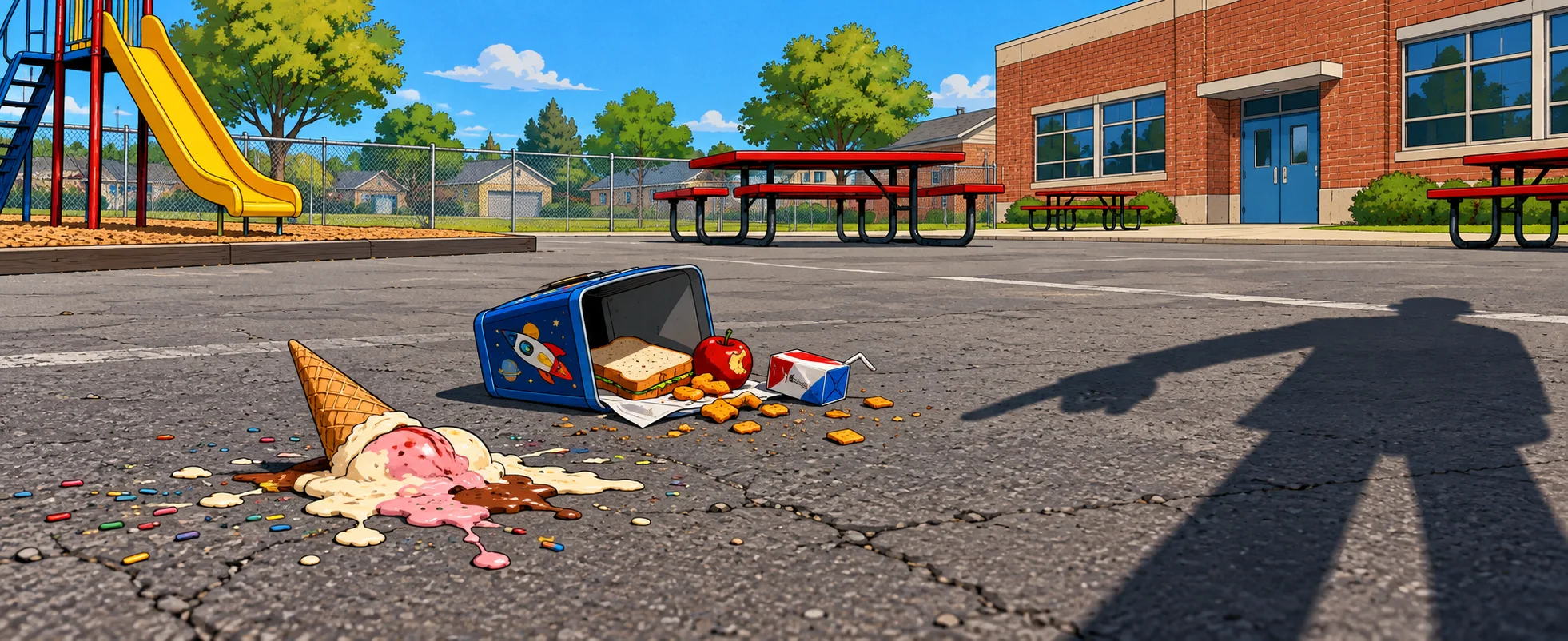 On a sunny cartoon school playground, a dropped ice cream and a spilled lunchbox lie on the asphalt under the long shadow of a kid pointing and laughing.