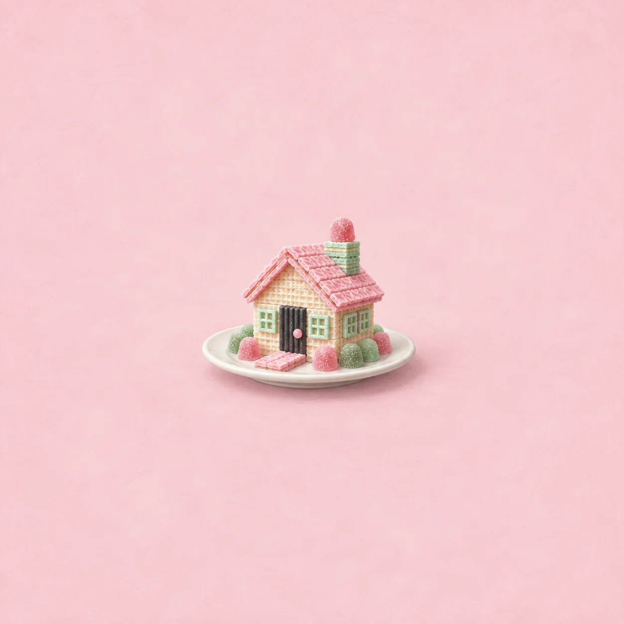 A tiny pastel wafer-and-candy house on a white plate against a pink background.