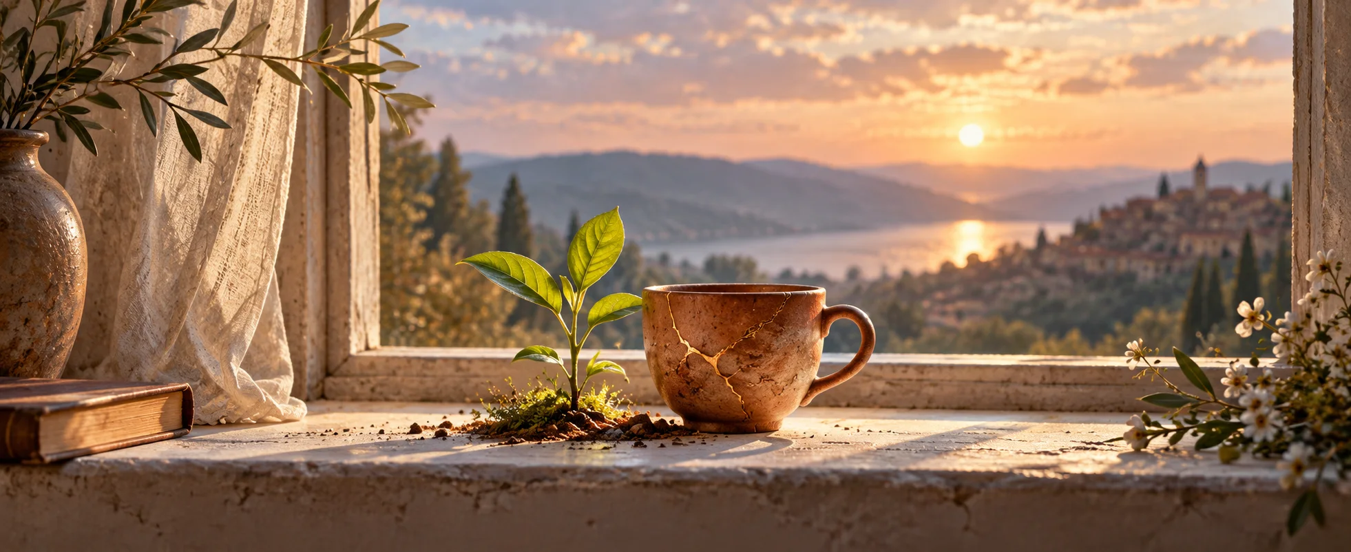 A green shoot grows beside a repaired clay cup on a pale window ledge.