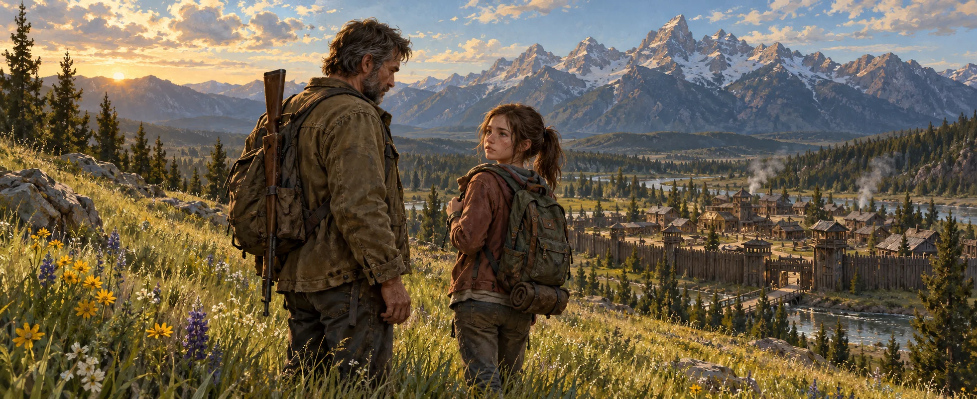 On a flowery spring hillside, a bearded man with a rifle on his back and a teenage girl with a ponytail and backpack face each other, a stockaded mountain town below and snowy peaks behind.