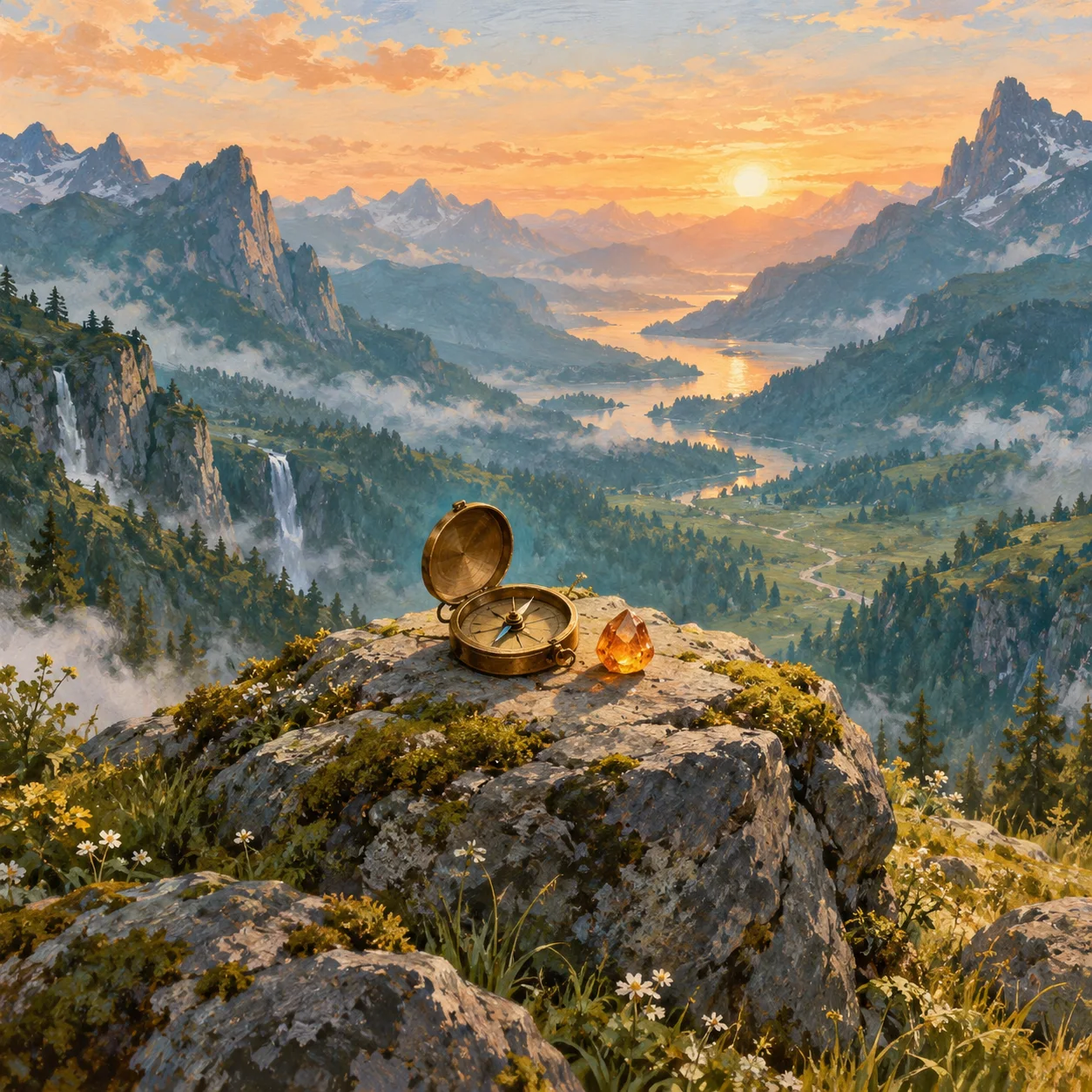 An open bronze compass and an amber crystal rest on a rocky ledge overlooking a winding mountain valley at sunrise.