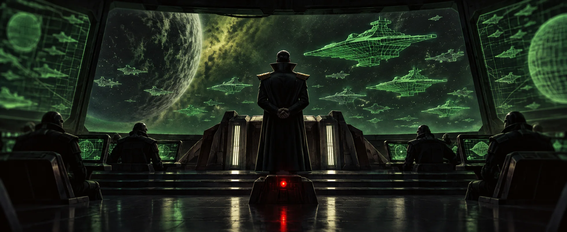 A cloaked figure stands on a dark command bridge before a green holographic fleet.
