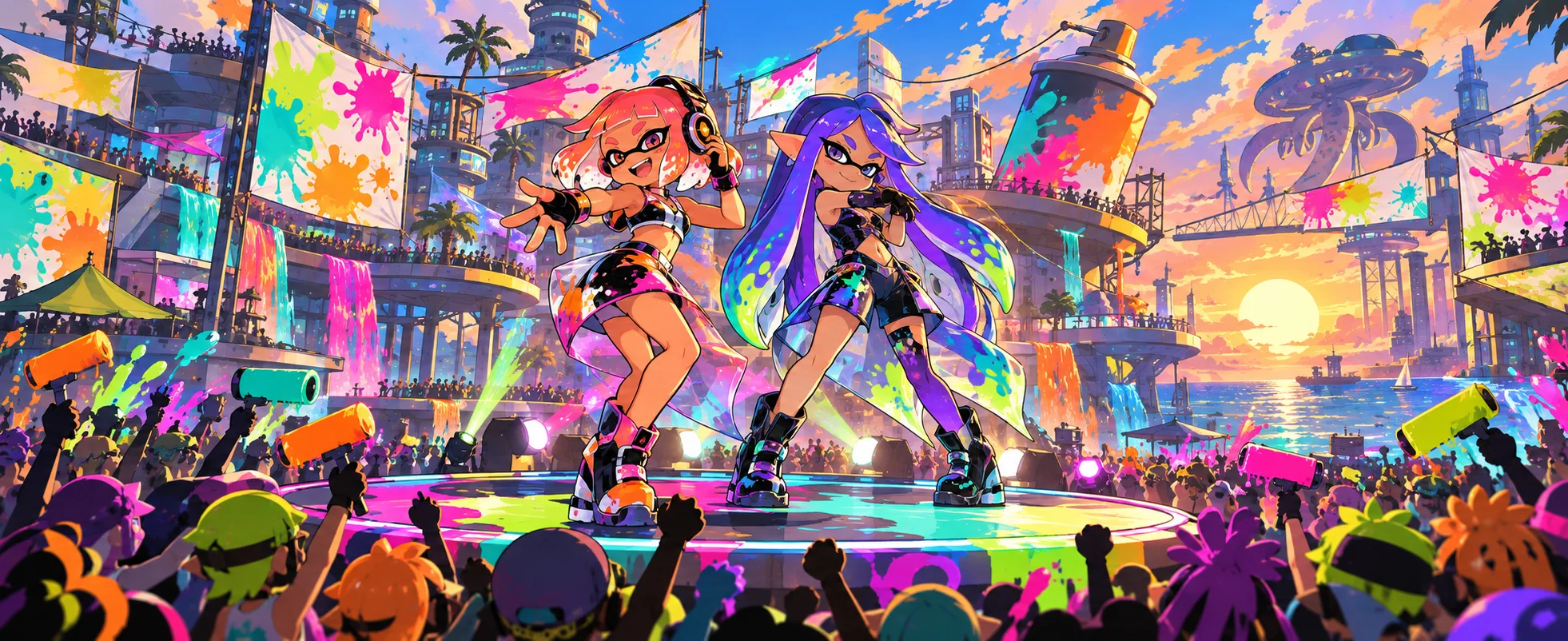 Two pop-idol squid girls perform on a neon stage before a cheering crowd splattered with paint.