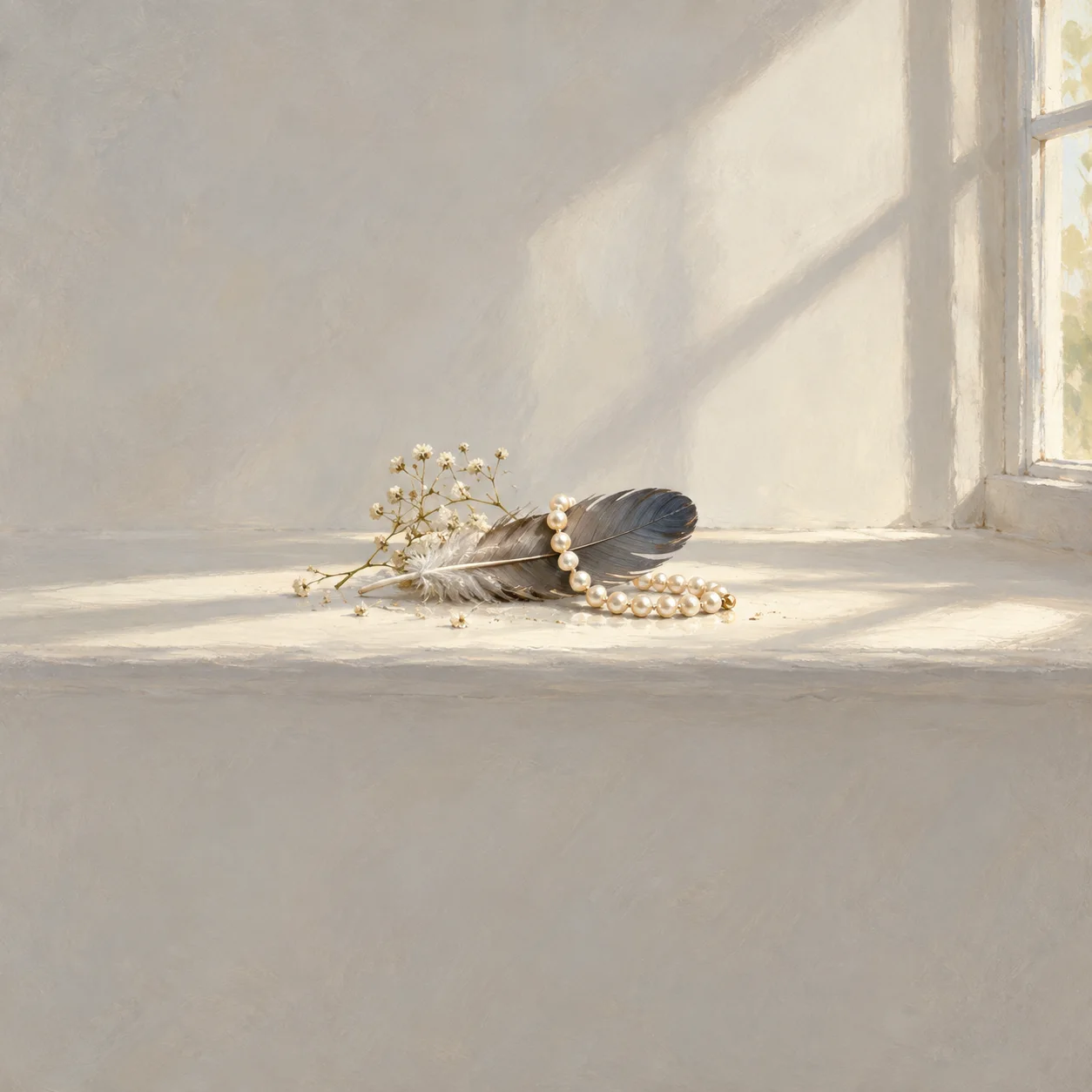 A pearl necklace drapes across a gray feather beside a dried sprig on a sunlit windowsill.